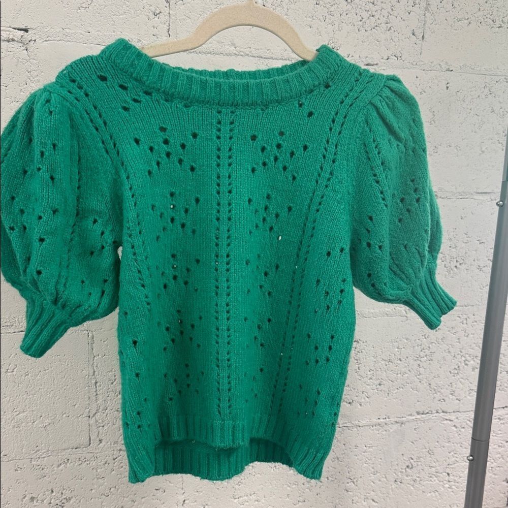 For Love & Lemons Green Short Sleeve Knit Sweater - Puffed Shoulders Size Small